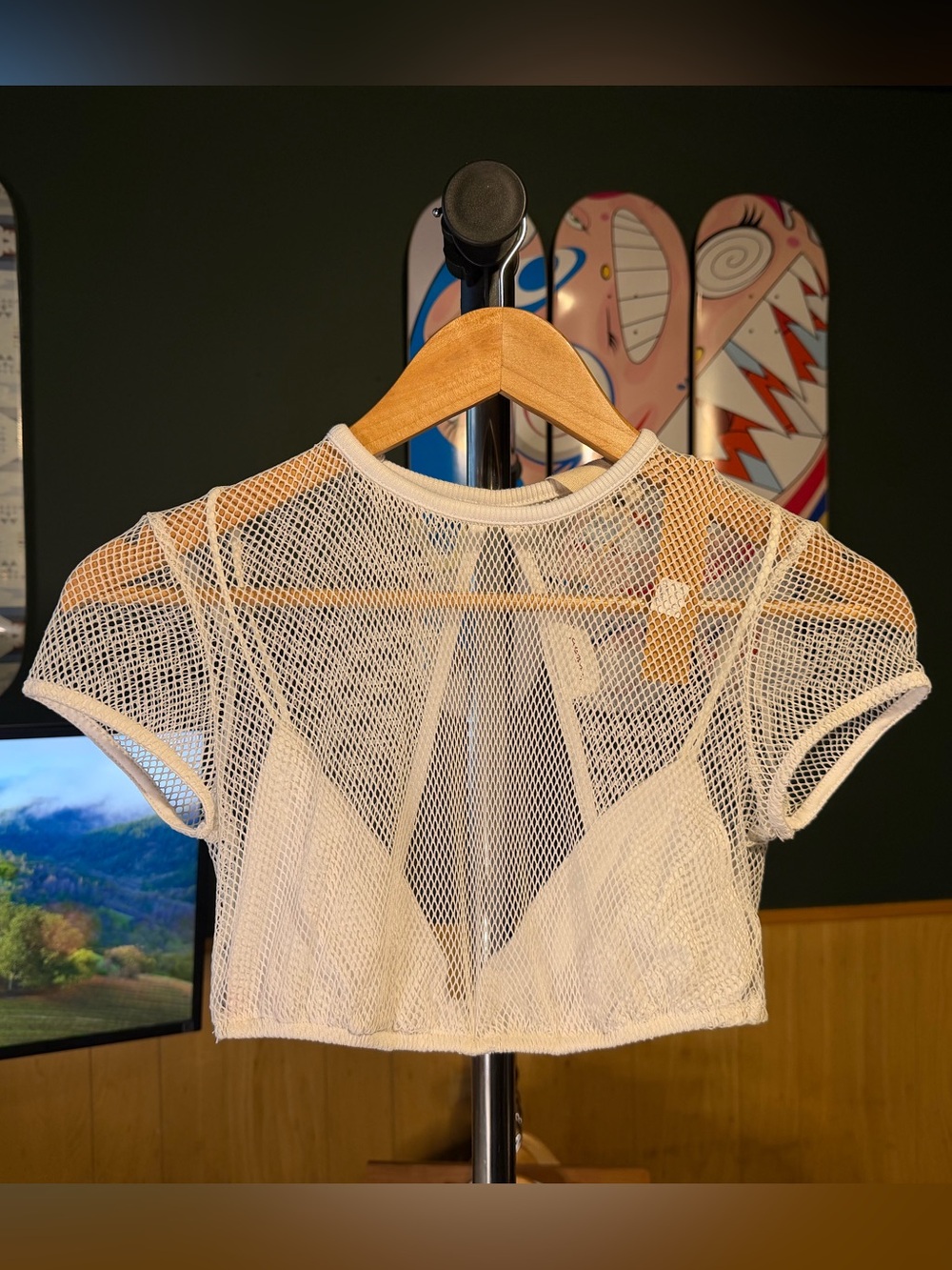 NEW Mesh Fishnet White Crop Top Short Sleeve Sheer Builtin Swim Top